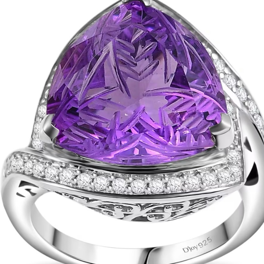 Carving Cut Amethyst & White Zircon 9.65 ctw Ring Platinum Over Sterling Silver
